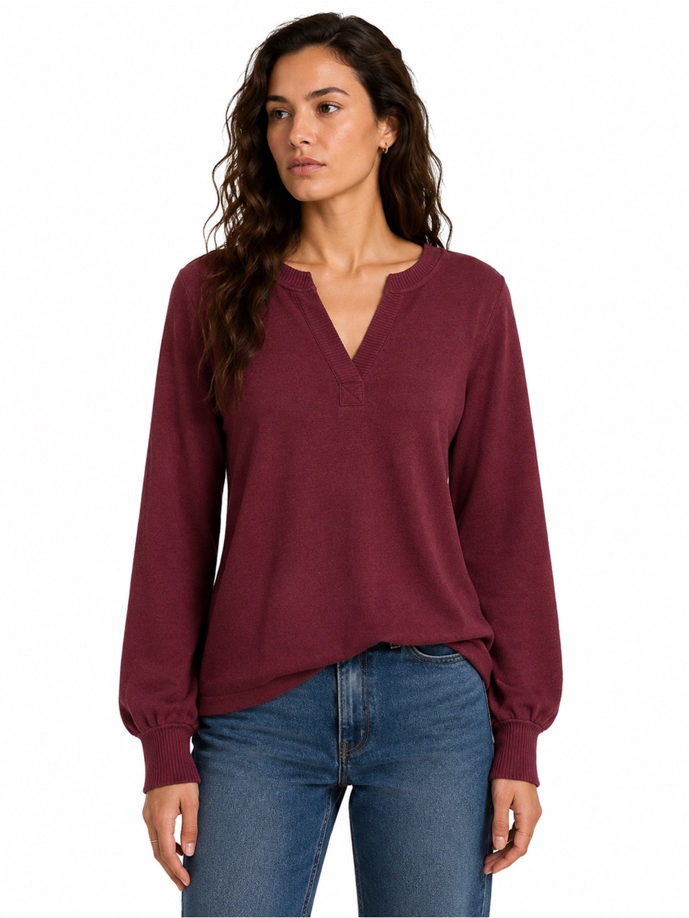Buffalo David Bitton Burgundy V-Neck Long Sleeve Sweater Top Size Large